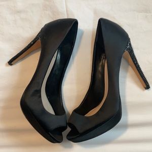 Black, open toe, beaded accent heels, worn twice!